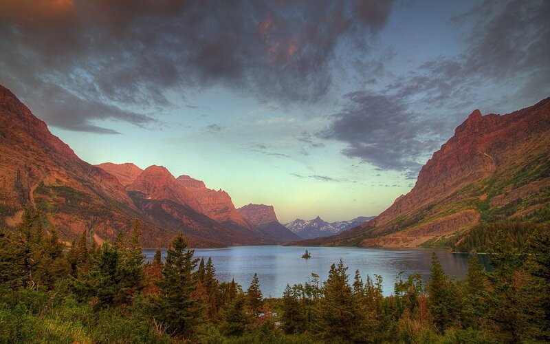 Mountain lake at sunset
