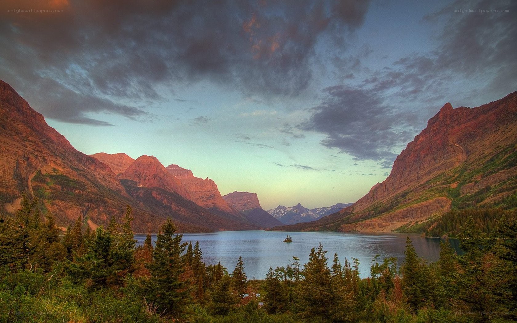 Mountain lake at sunset