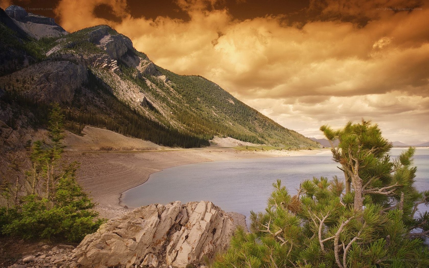 Mountain lake at sunset