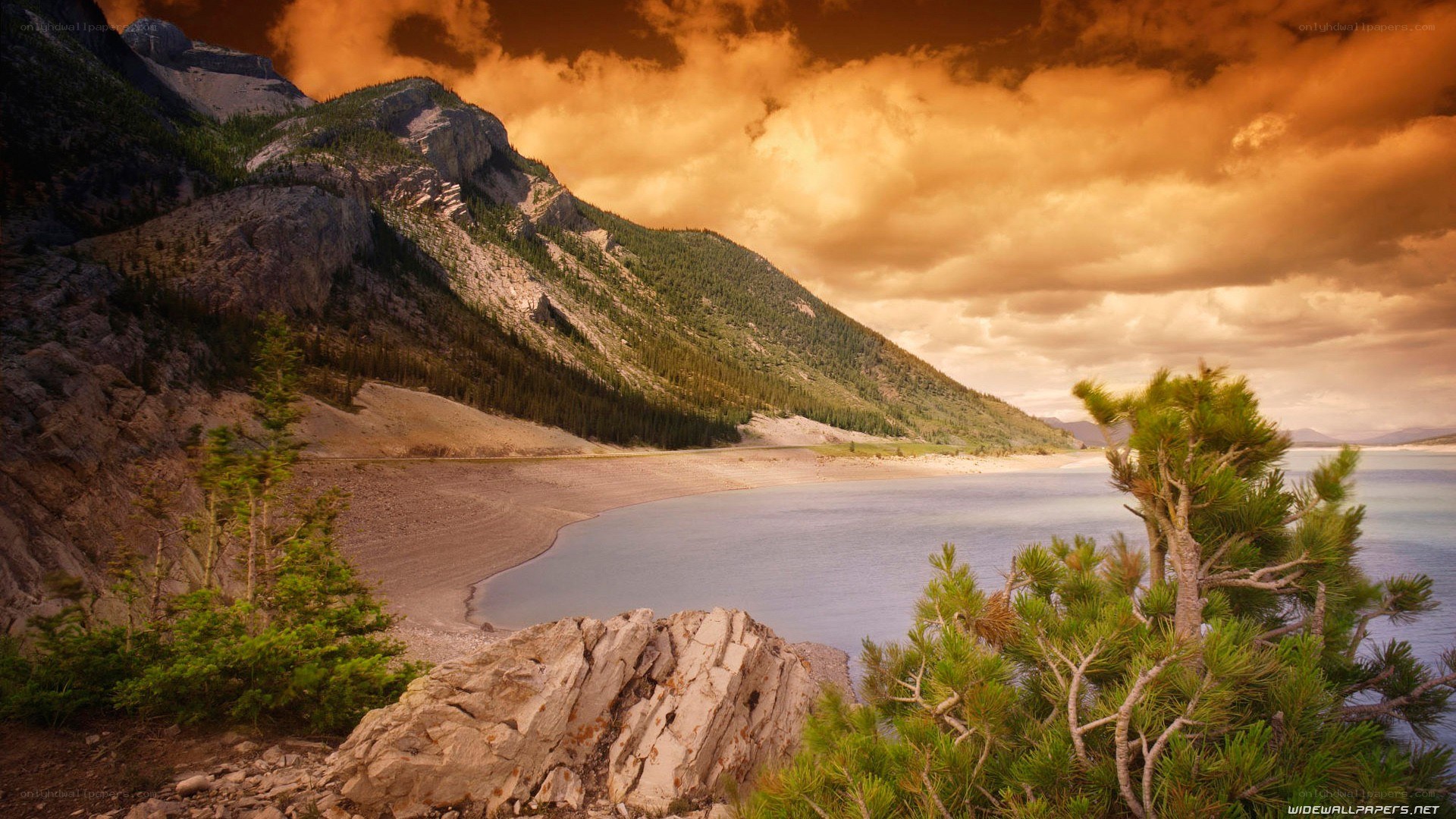 Mountain lake at sunset