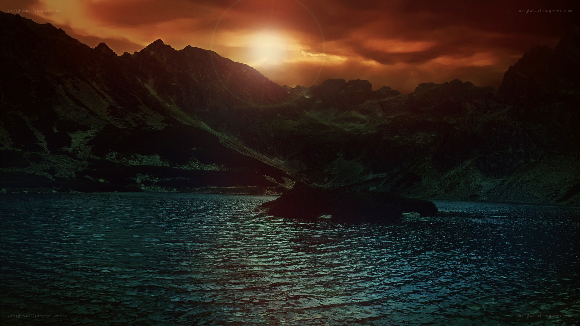 Mountain lake at sunset