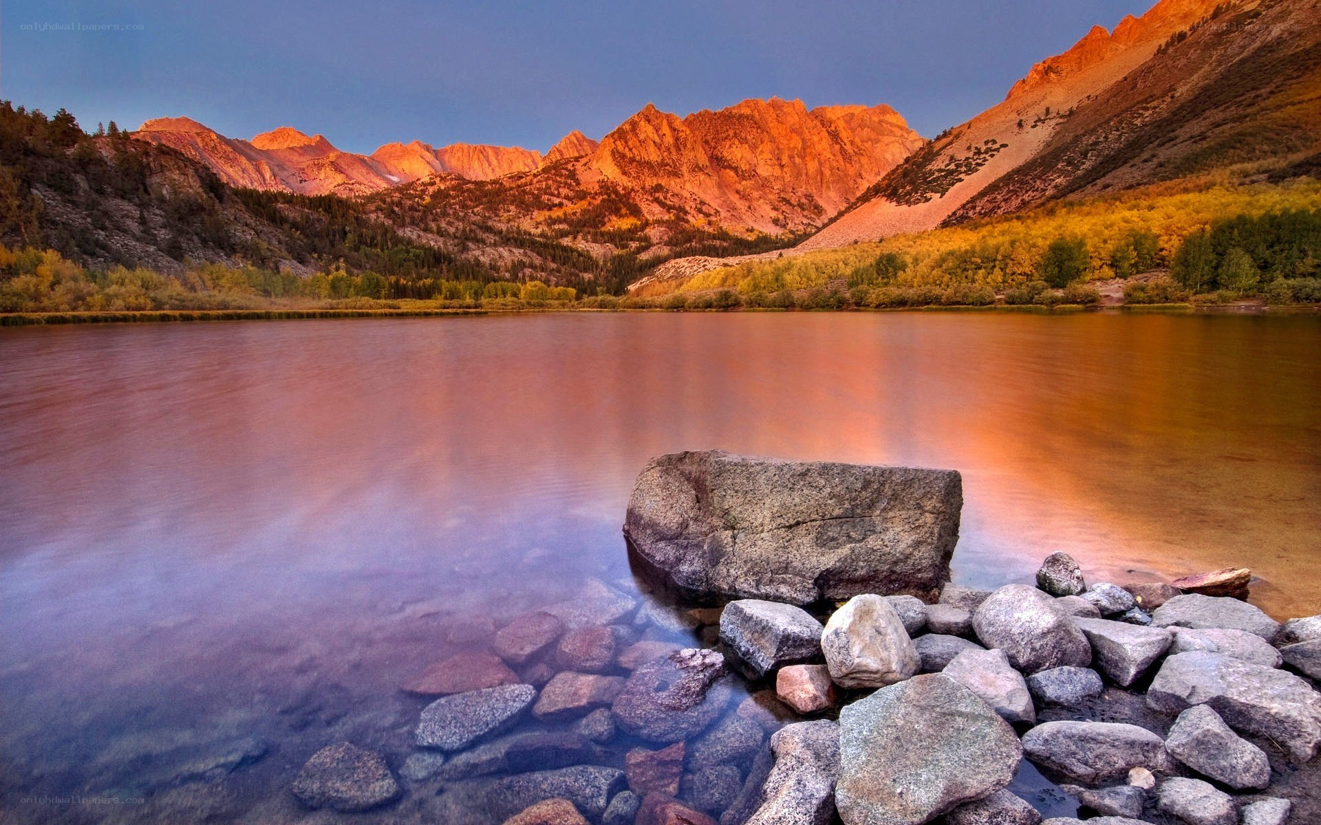 Mountain lake at sunset