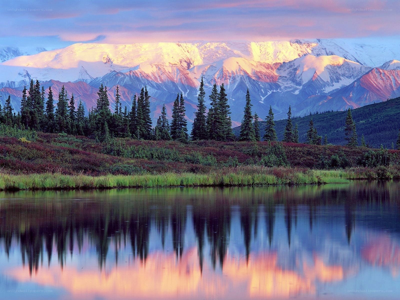 Mountain lake at sunset