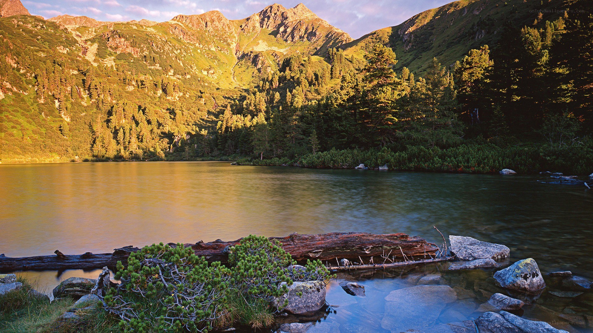 Mountain lake at sunset