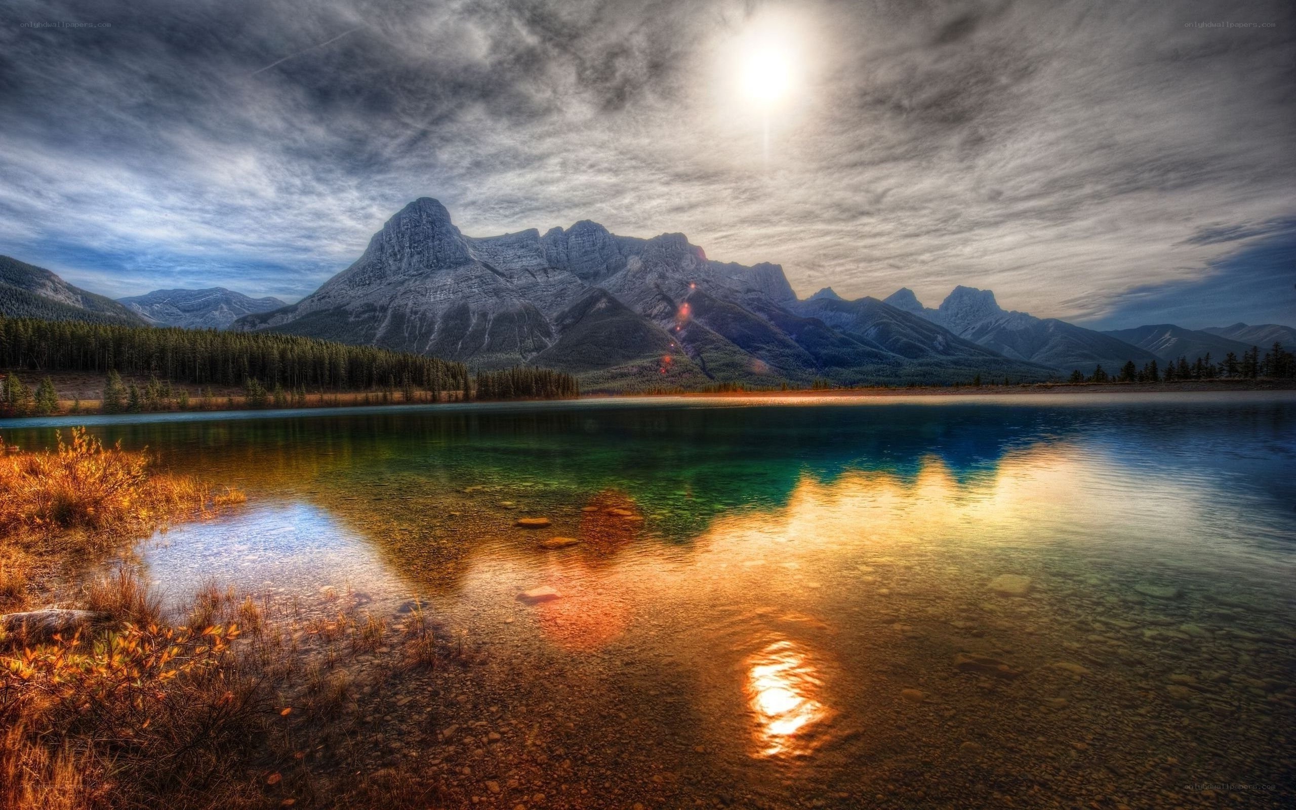 Mountain lake at sunset
