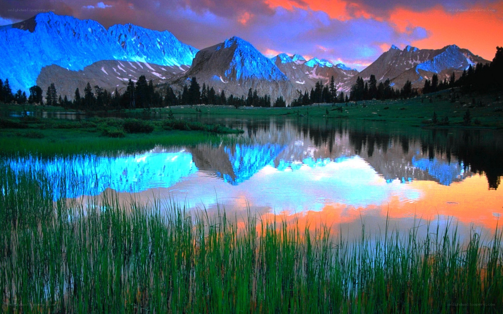 Mountain lake at sunset