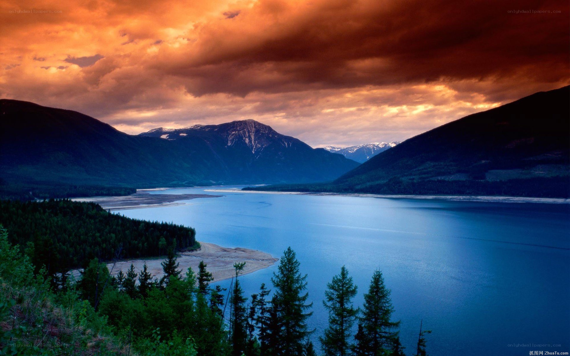 Mountain lake at sunset