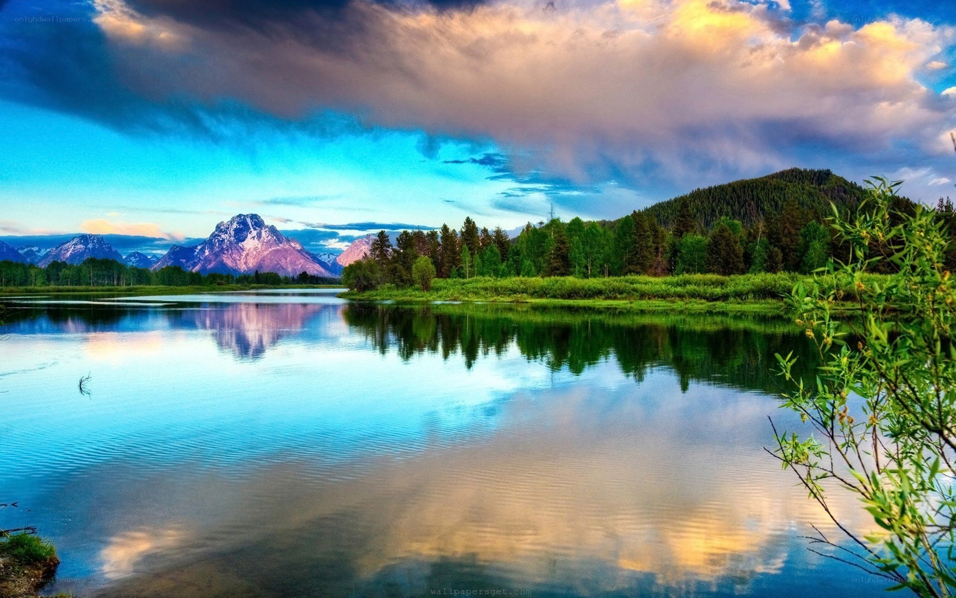 Mountain lake at sunset