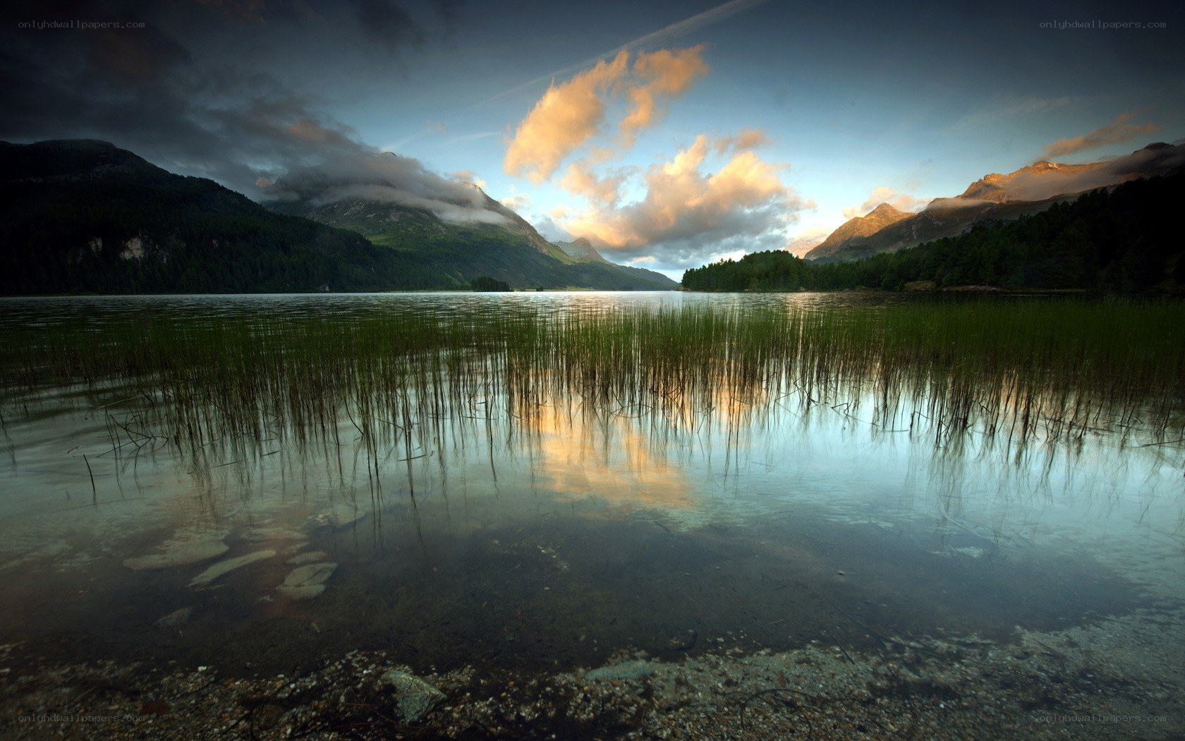 Mountain lake at sunset