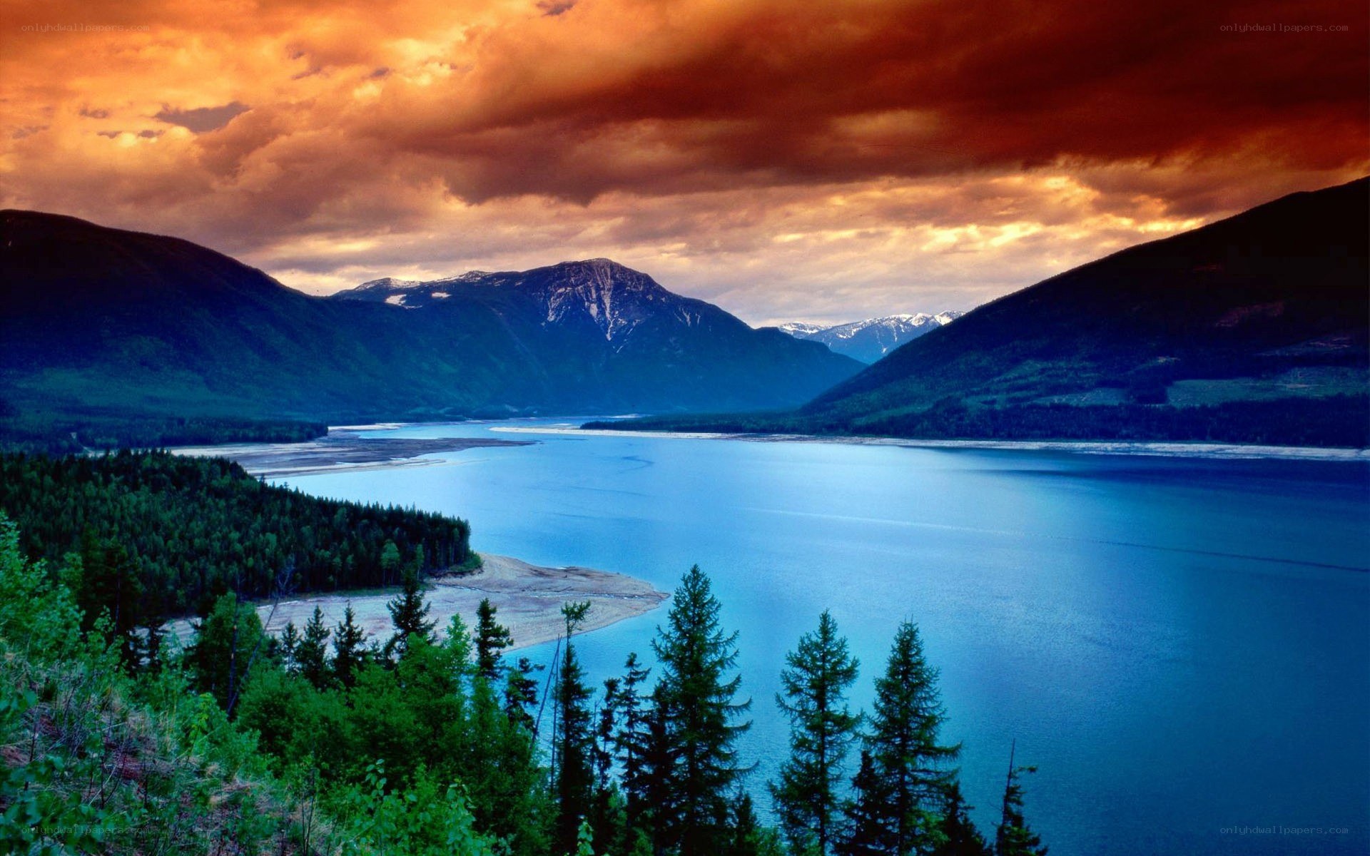 Mountain lake at sunset