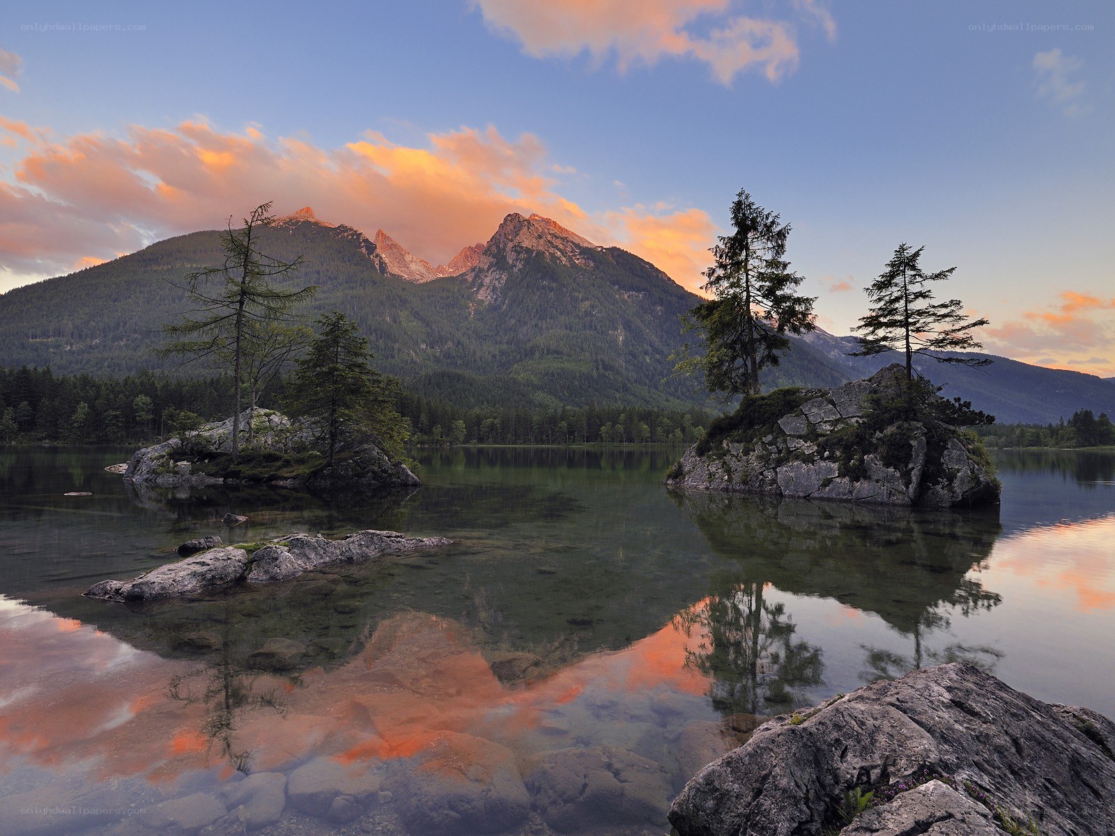 Mountain lake at sunset