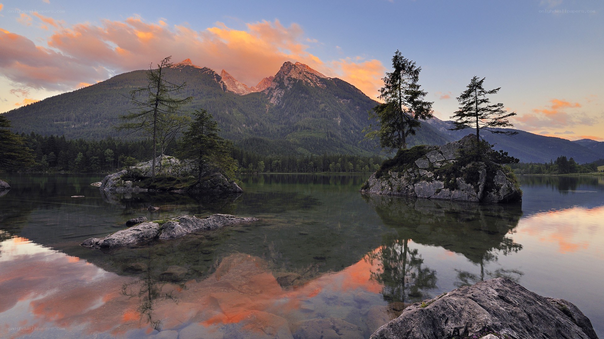 Mountain lake at sunset