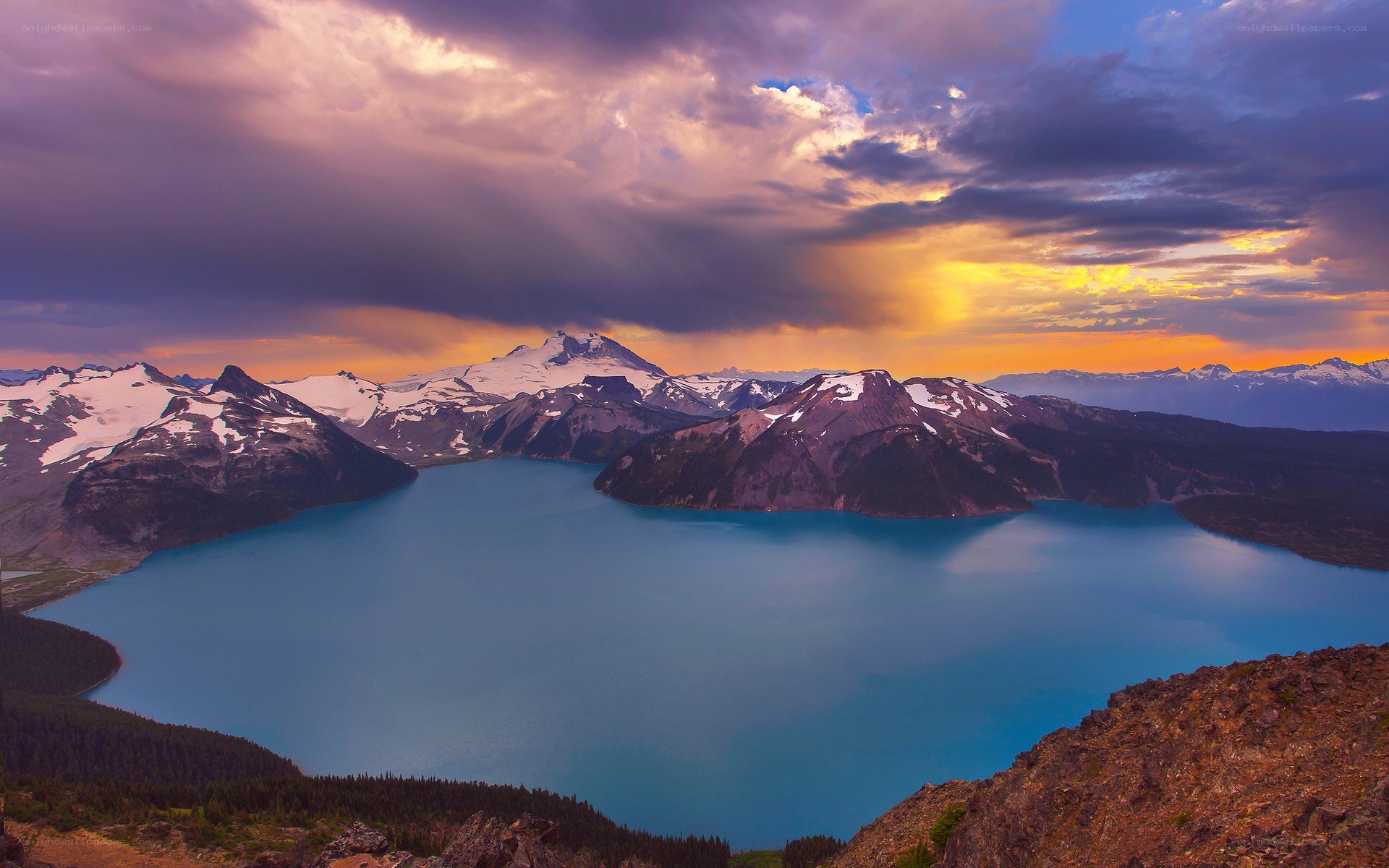 Mountain lake at sunset