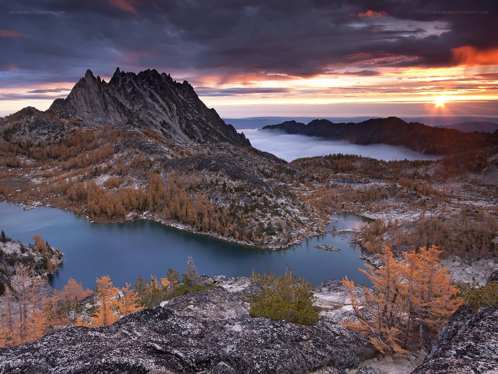 Mountain lake at sunset