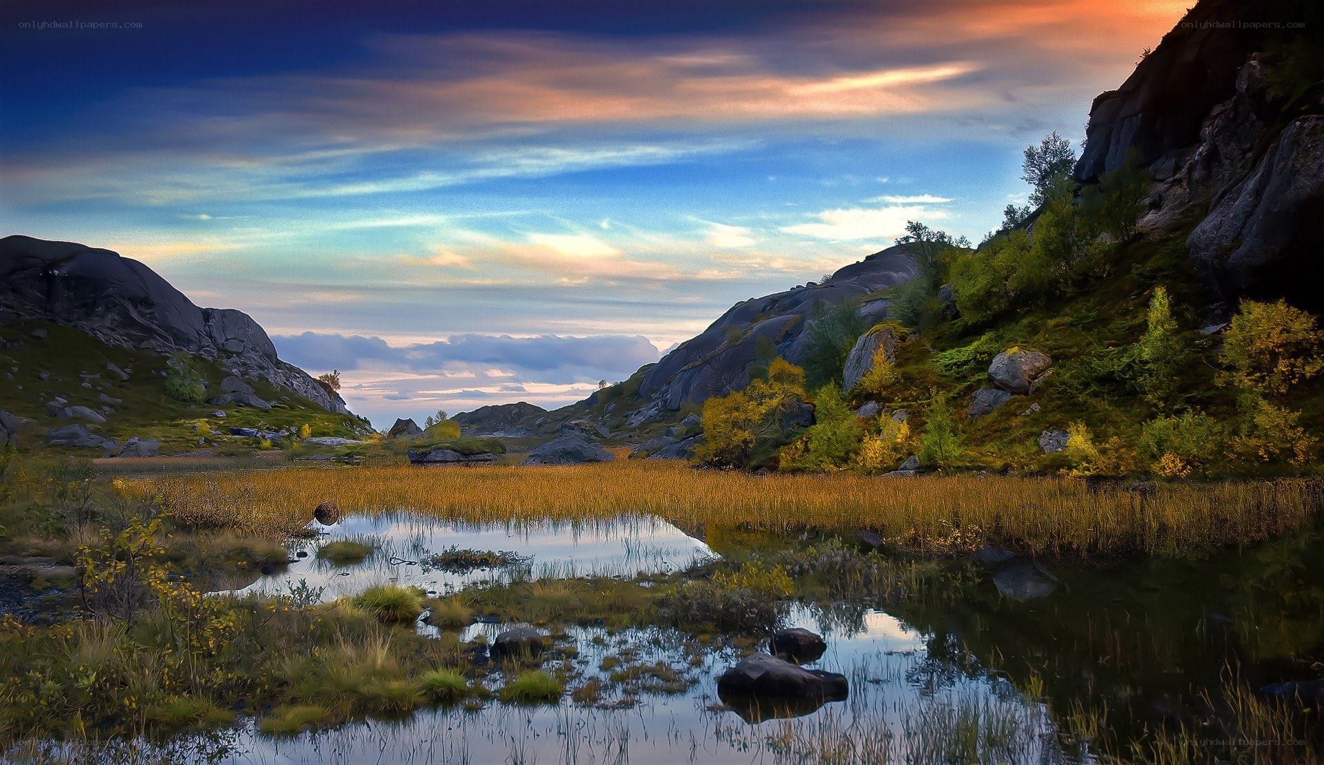 Mountain lake at sunset