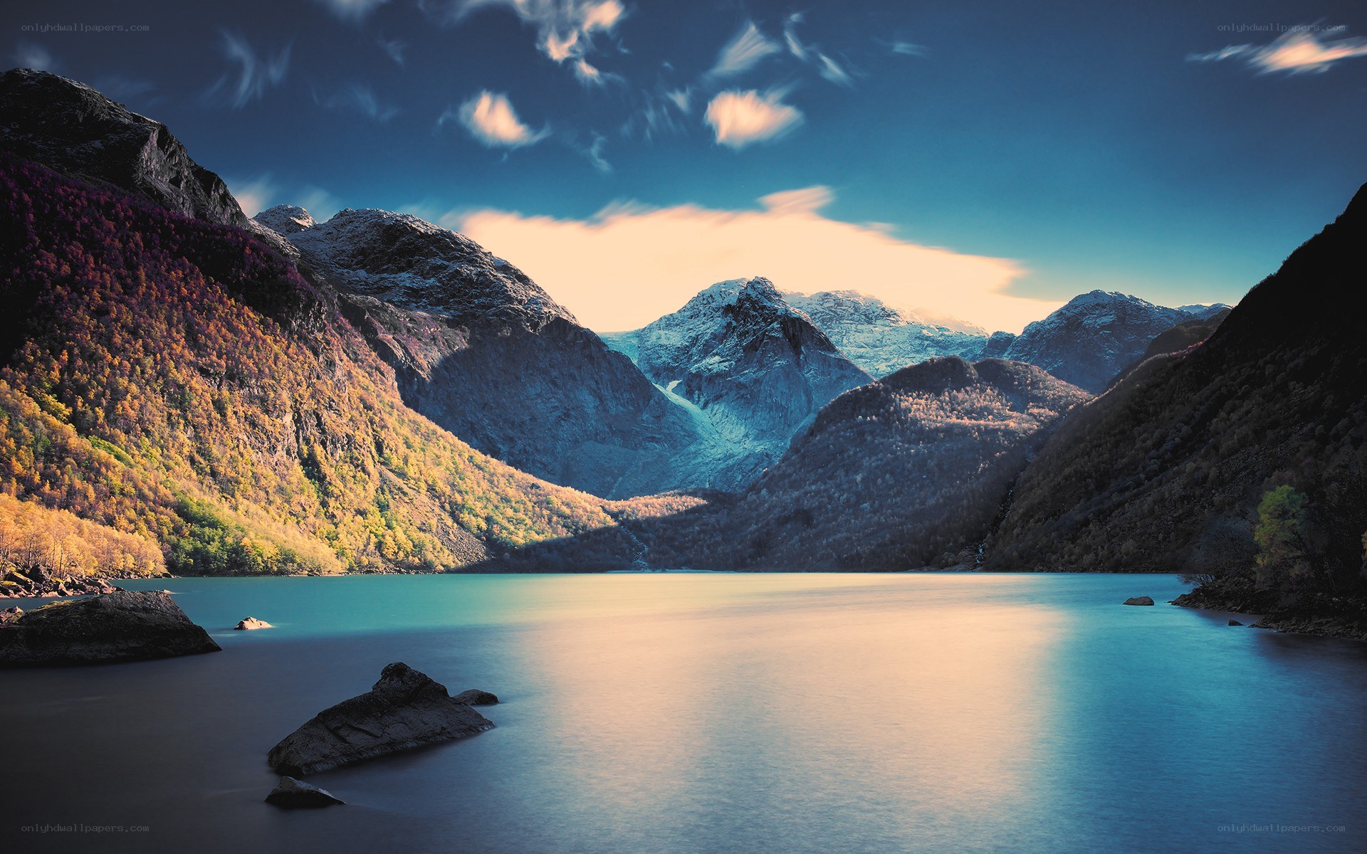 Mountain lake at sunset
