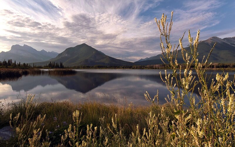 Mountain lake at sunset