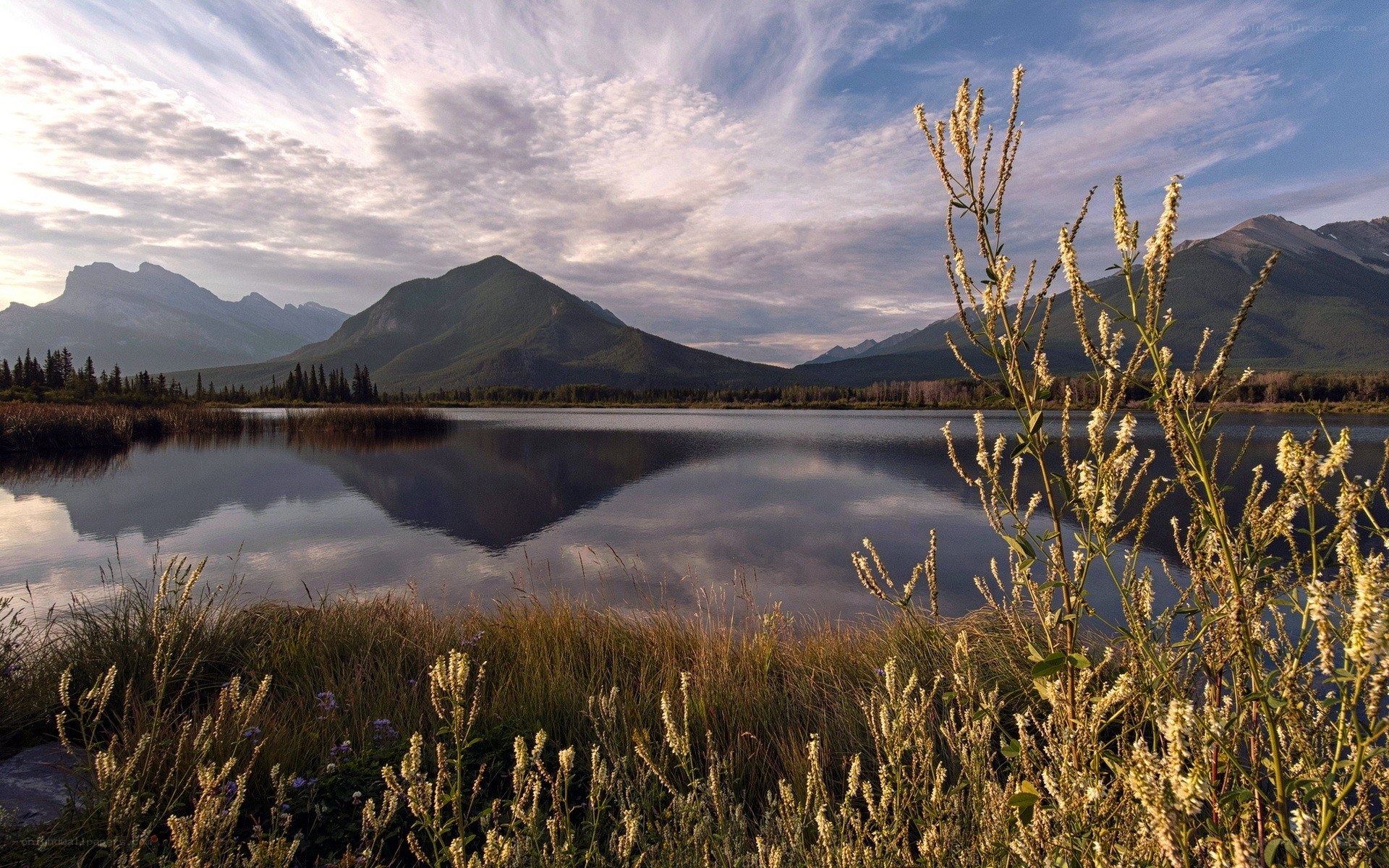 Mountain lake at sunset