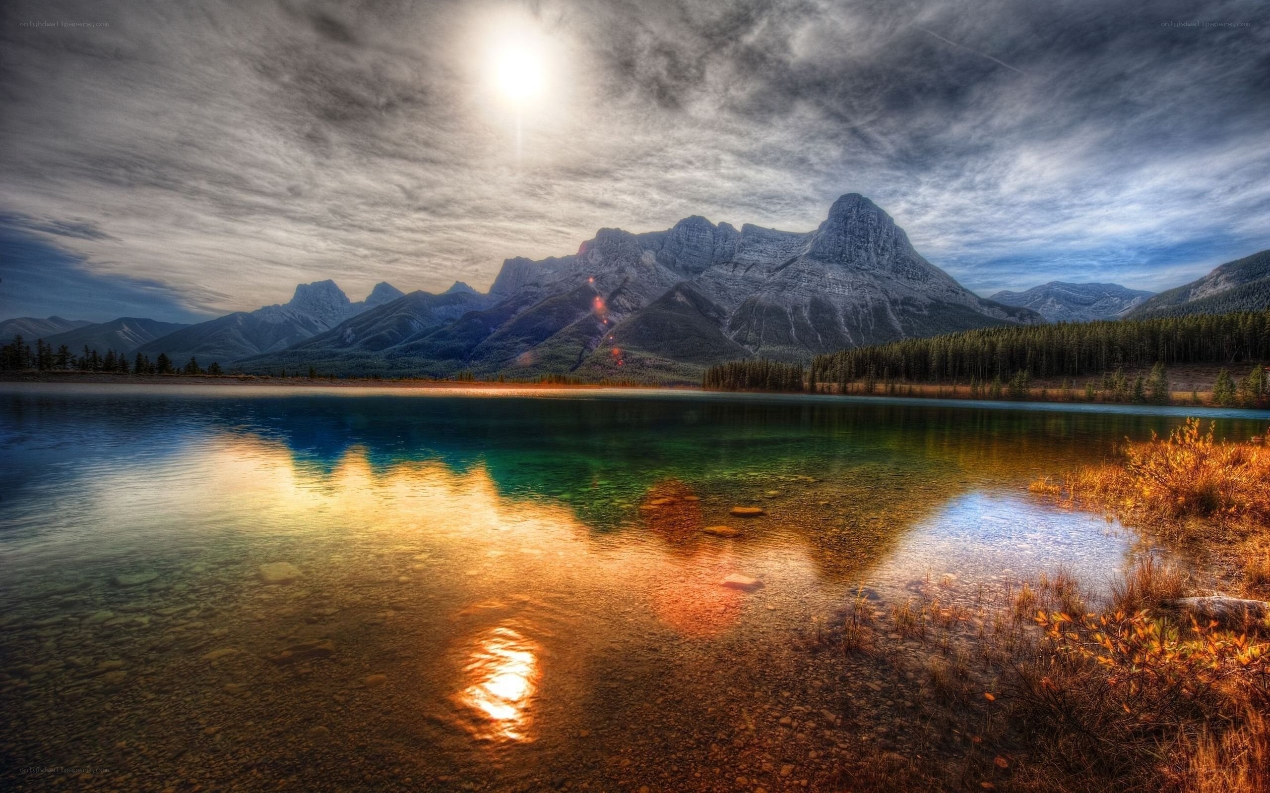 Mountain lake at sunset