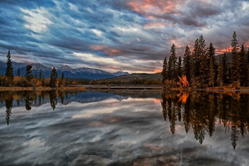 Mountain lake at sunset