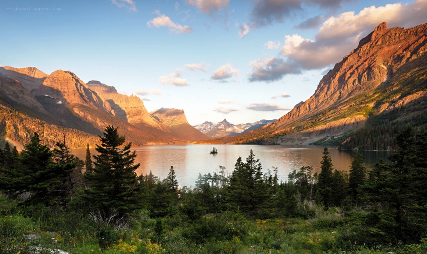 mountain lake at sunset