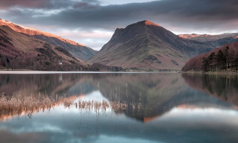 Mountain lake at sunset