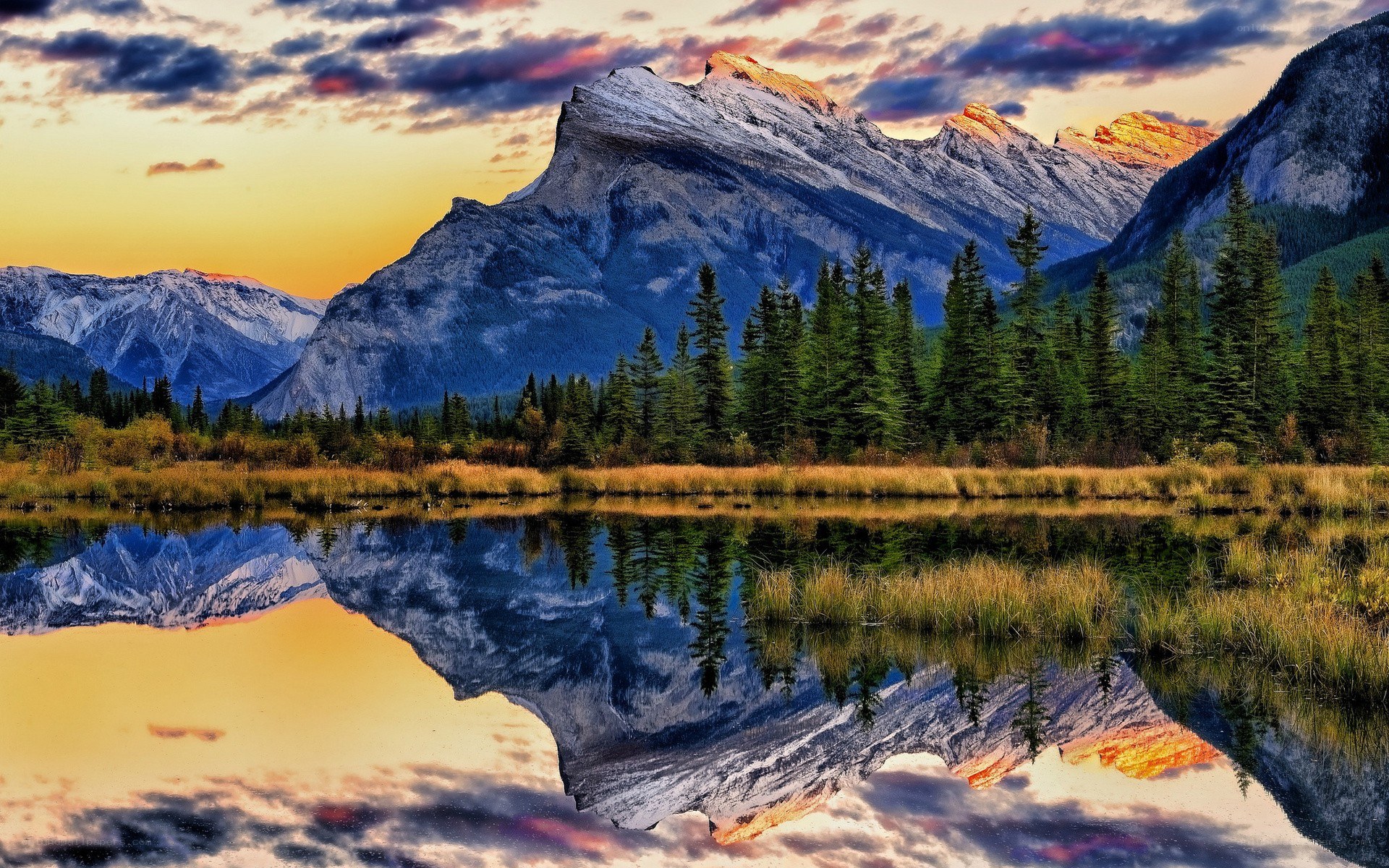 Mountain lake at sunset