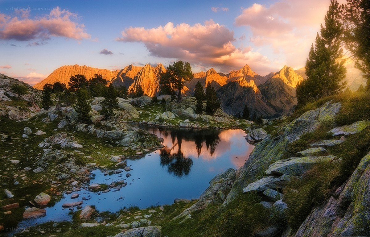 Mountain lake at sunset