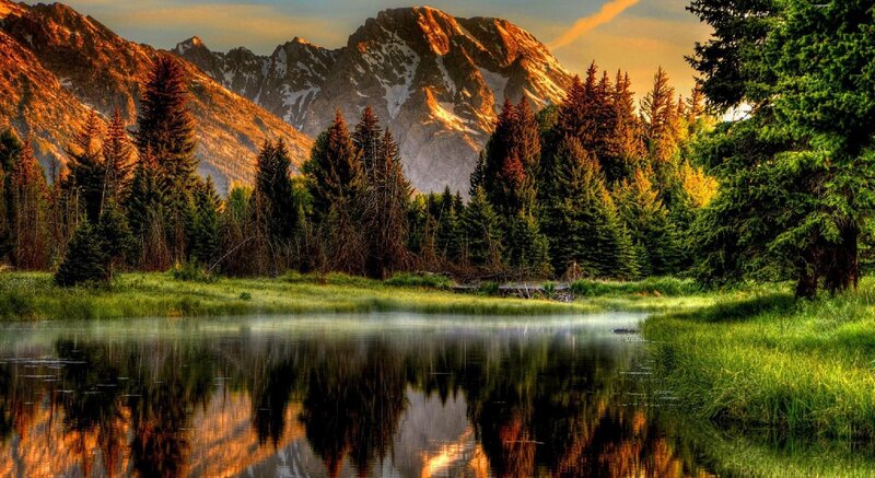 Mountain lake at sunset