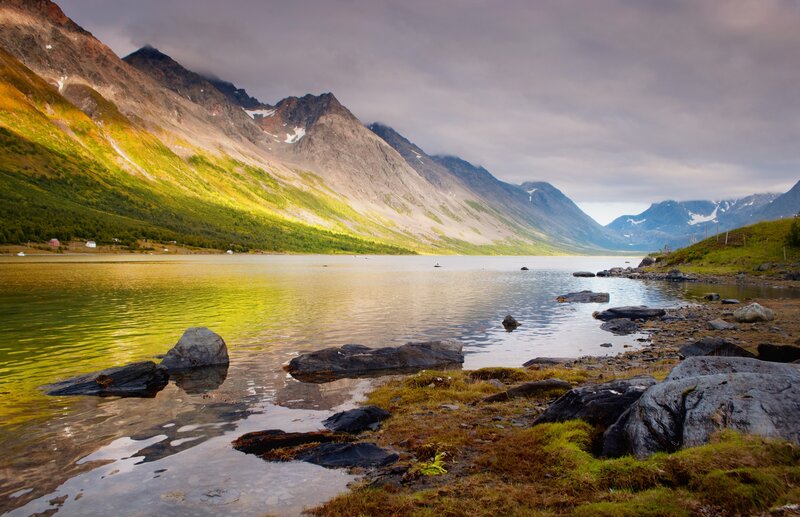 Mountain lake at sunset