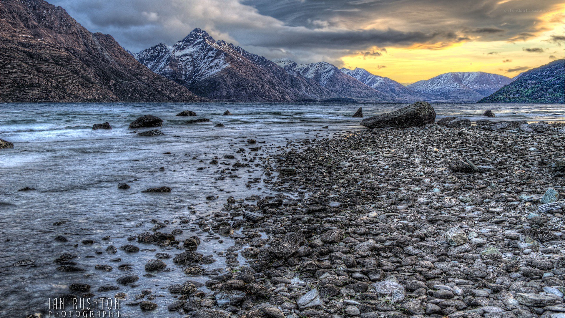 Mountain lake at sunset