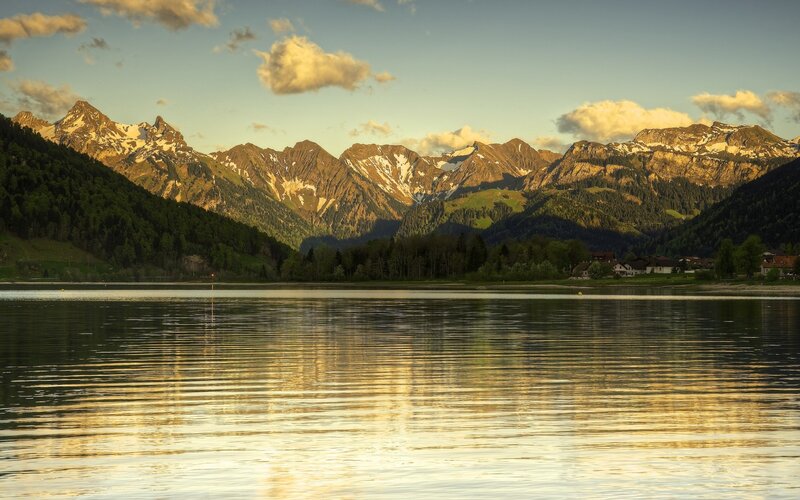 Mountain lake at sunset