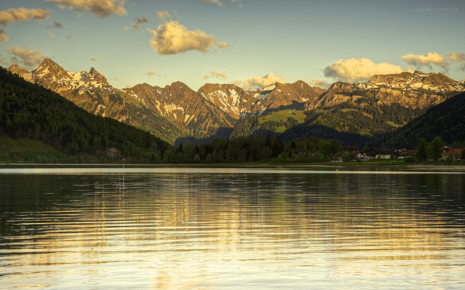Mountain lake at sunset
