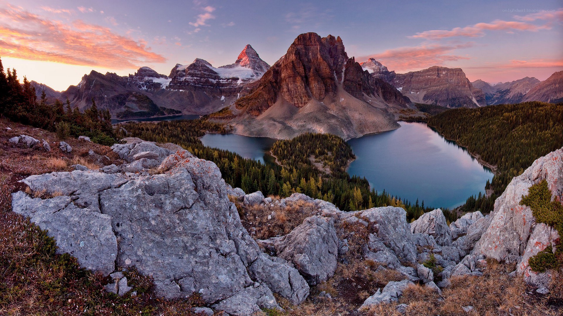 Mountain lake at sunset