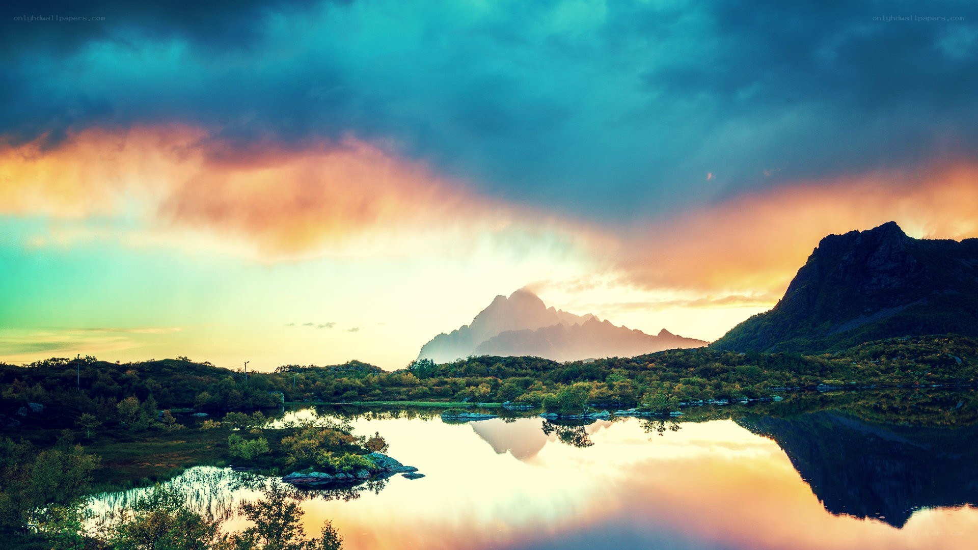 Mountain lake at sunset