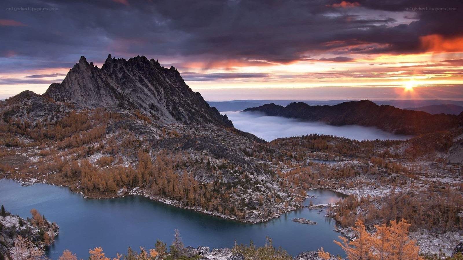 Mountain lake at sunset