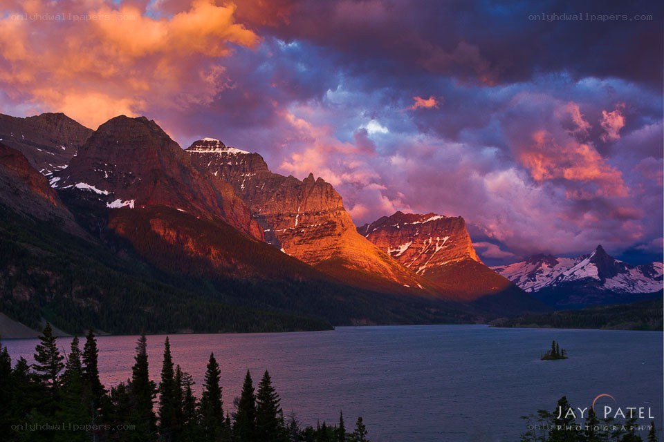 Mountain lake at sunset