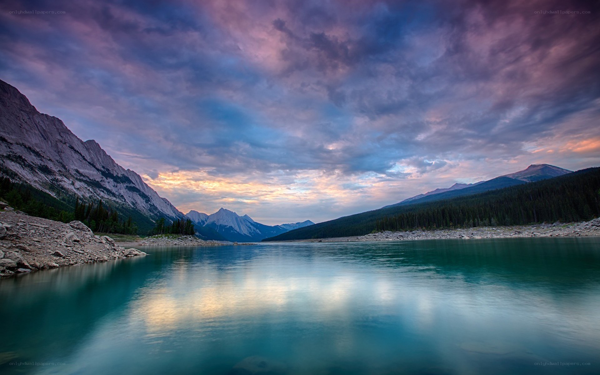 Mountain lake at sunset