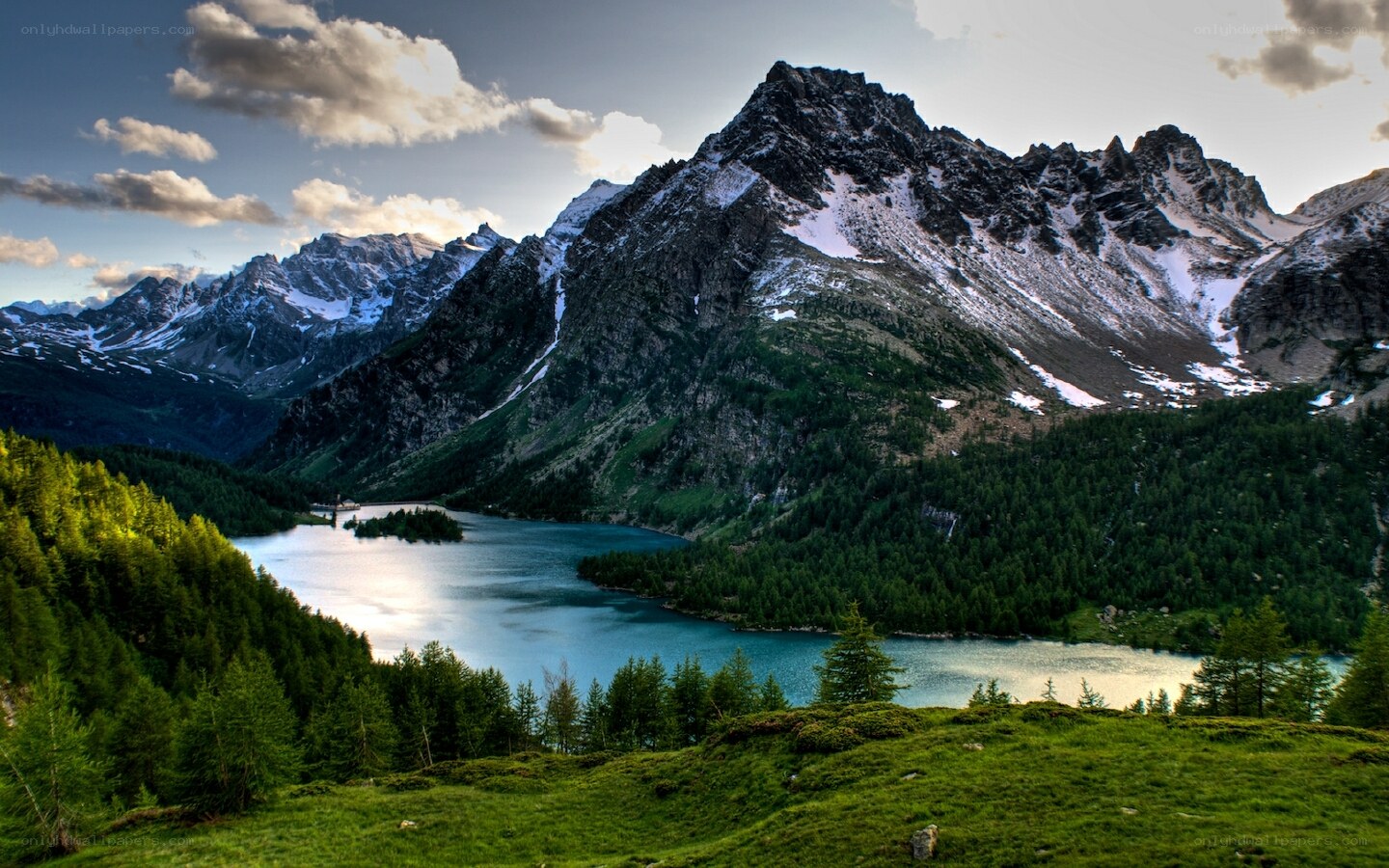 Mountain lake at sunset