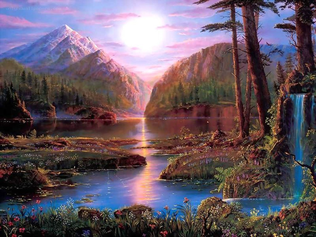 Mountain lake at sunset