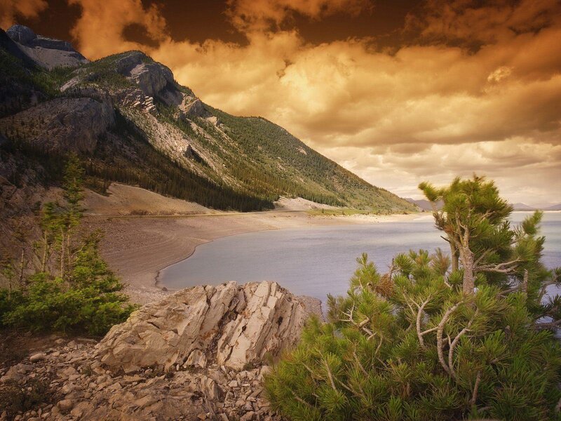 Mountain lake at sunset