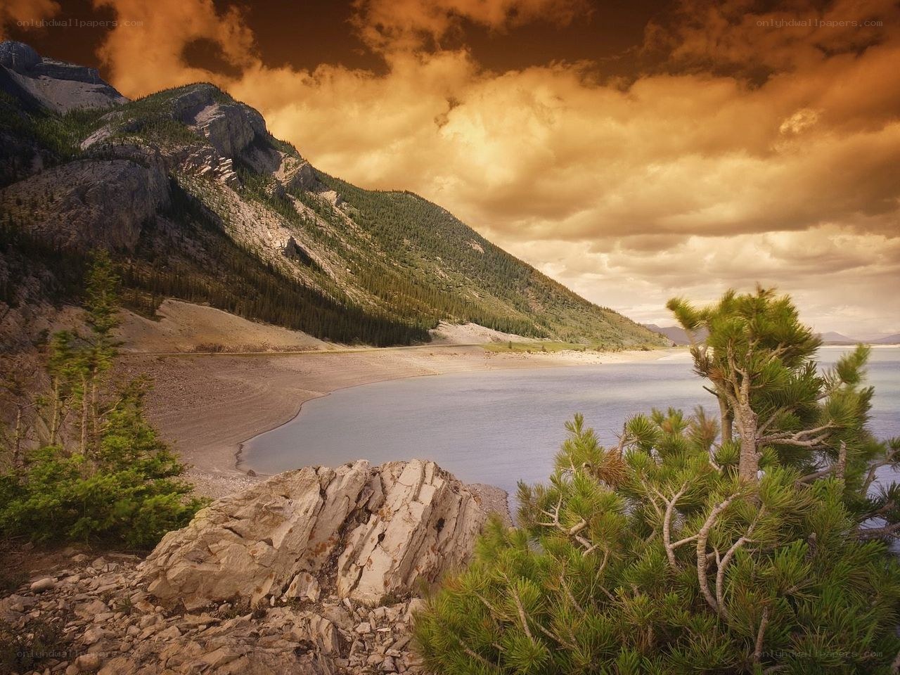 Mountain lake at sunset