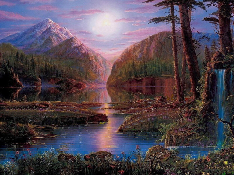 Mountain lake at sunset