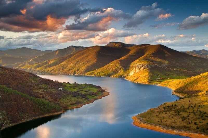 Mountain lake at sunset