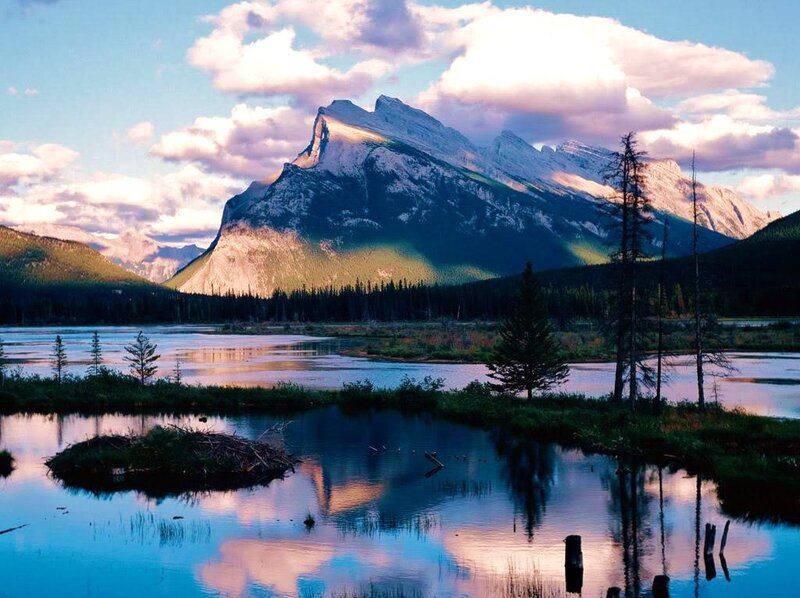 Mountain lake at sunset