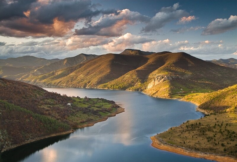 Mountain lake at sunset