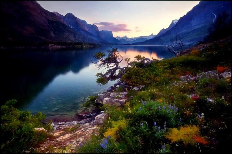 Mountain lake at sunset