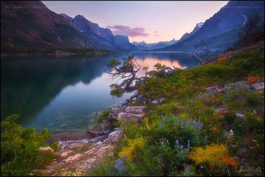 Mountain lake at sunset
