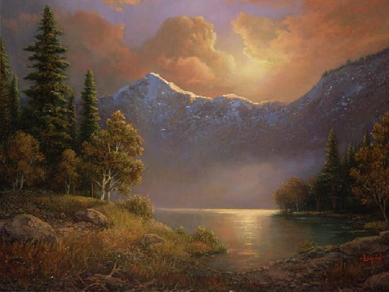 Mountain lake at sunset