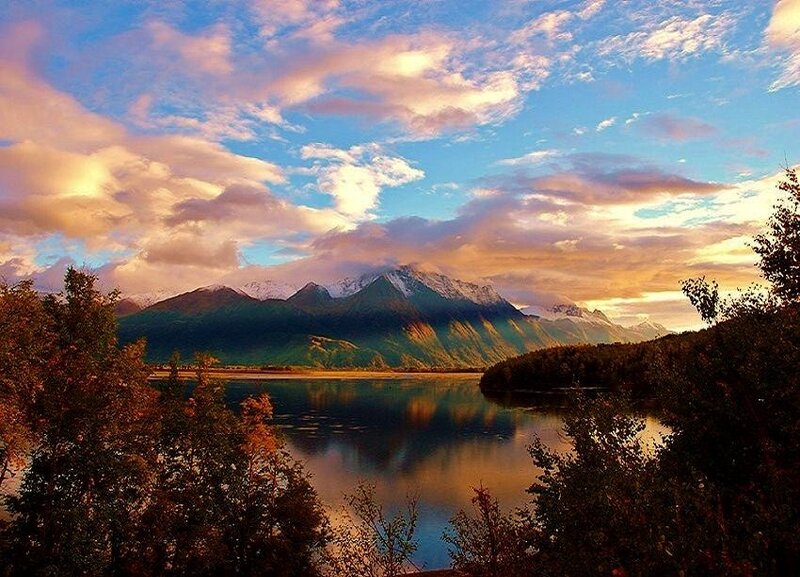 Mountain lake at sunset